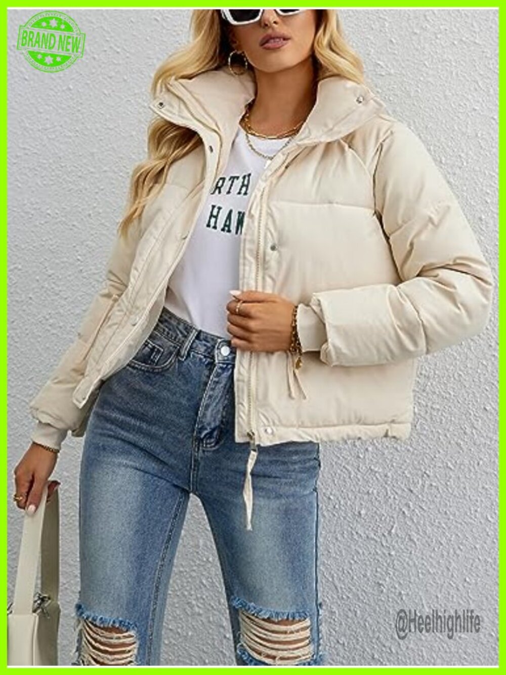 Cropped Puffer Jacket Full Zip Quilted Winter Coat with Pockets - Picture 3 of 7